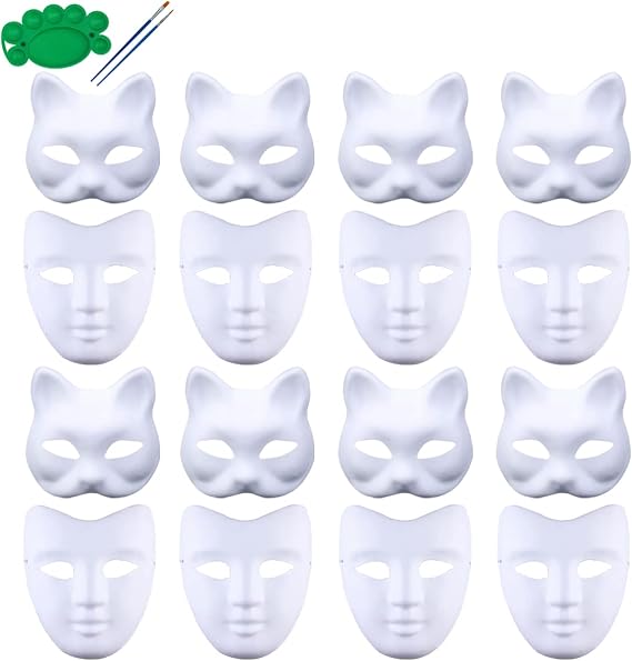 Qavctw 16PCS DIY White Masks Paper Cosplay Christmas Party Mask Unpainted Plain Craft Masquerade Masks for Christmas Mardi Gras Party Mask