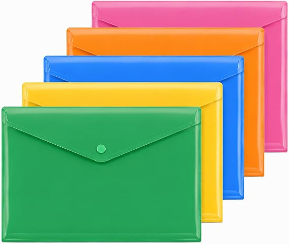 A4 Plastic Wallets 5PCS Folders Plastic Popper Wallets Assorted Colours with Snap Closure School,College & Organization Office Supplies Lightweight Transperant Folders for Document Storage