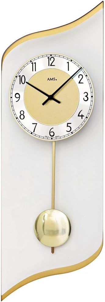 AMS 7437 Wall Clock Quartz with Pendulum Golden Pendulum Clock with Aluminium and Glass