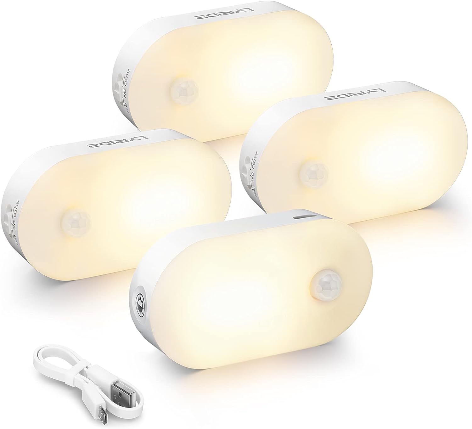 Lyridz Rechargeable Battery Night Light with Motion Sensor, Portable Mini Warm White LED Stick-on Closet Light, Adjustable Brightness for Bathroom, Bedroom, Kitchen, Cabinet, Stairs, Hallway, 2-Pack