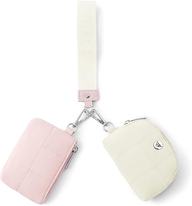 WESTBRONCO Mini Keychain Wristlet Wallets for Women Portable Dual Pouch Wristlet Detachable Quilted Nylon Coin Purse Pocket