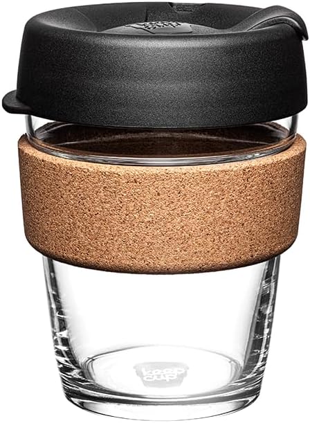 KeepCup Brew Cork, Reusable Tempered Glass Coffee Cup with Recovered Cork Band and Splashproof Lid, Barista Standard, BPA Free, Dishwasher Safe, 340ml 12oz Black
