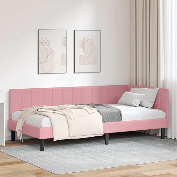 Corner Bed Frame with Headboard Pink 90cm x 190cm Velvet L Shape Space Saving Versatile Sofa Bed Sturdy Wooden Frame for Small Spaces