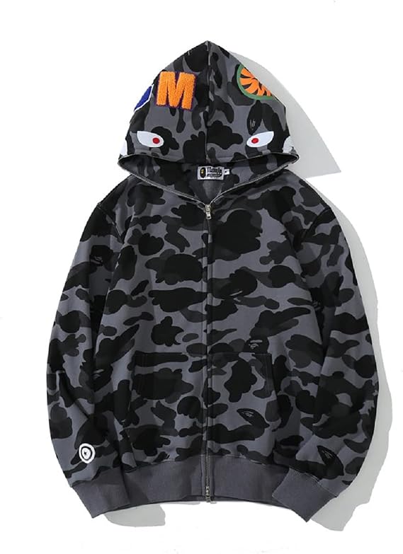 Herren Shark Hoodie Hip Hop Kapuzenpullover Mit Reißverschluss Langarm Sweatshirt mit Haifisch Druck Shark Head Reißverschluss Camouflage Jacken Sweatjacke