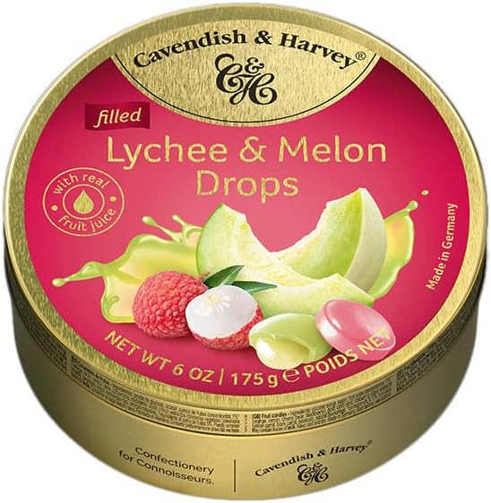 Cavendish & Harvey | Lychee & Melon Filled Hard Candy Drops | 175g 6 ounce Tin