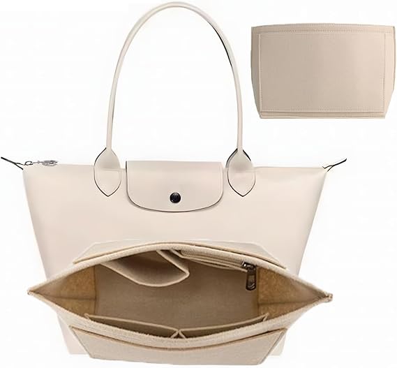 Felt Purse Organizer Insert for Longchamp, Multi-Pocket Bag Insert Organizer With Zipper,Handbag Wallet, Folding Tote Bag for Longchamp (Beige, M)