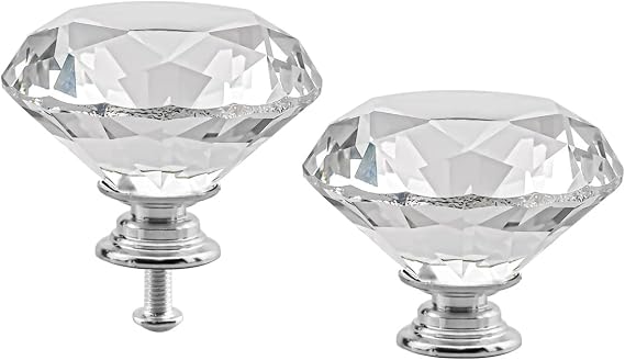 Cabinet Knobs Crystal 4PCS 50mm Clear Glass Diamond Shape Drawer Knobs Diamond Cabinet Dresser Pulls Door Knobs Cupboard Wardrobe Handles for Kitchen Office Cupboard Dresser Drawers (4 PCS, Silver)