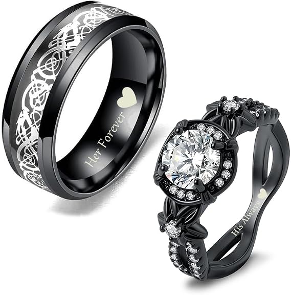 Custom Engraved Couples Rings Set Blue and Purple Red Men Promise Rings for Him and Her Black Matching Celtic Dragon Wedding Rings Set for Engagement Green Sets CZ Ruby Rings