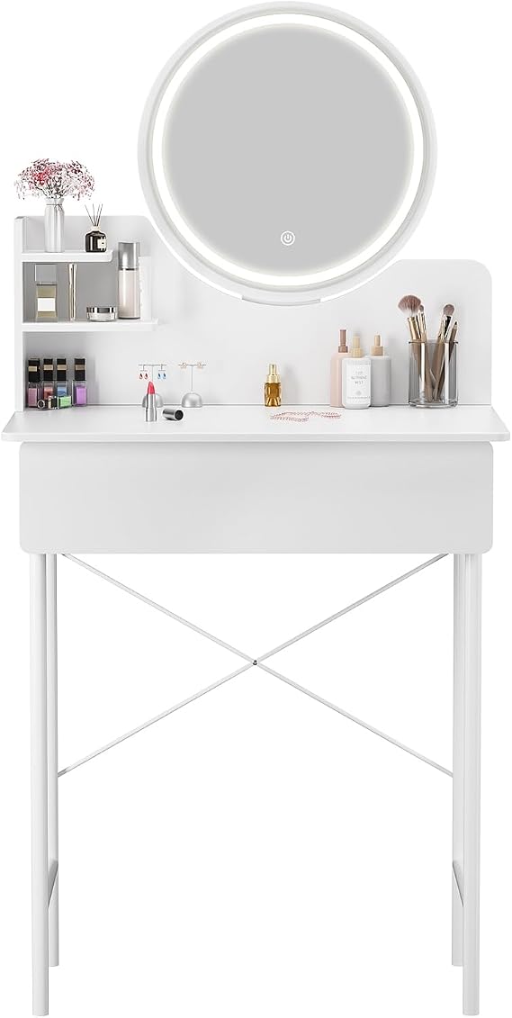 Yokawe Dressing Table with LED Mirror (3 Light Modes), Makeup Vanity Desk with 2 Drawers and 3 Storage Shelves, Compact Dressing Table for Small Spaces White
