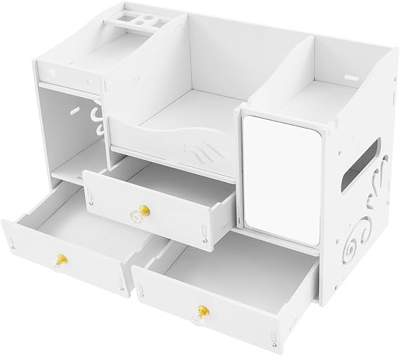 Makeup Organizer 40×20×25cm Cosmetic Storage Box with 3 Drawers & 4 Open Compartments, Desktop Vanity Drawer Case for Cosmetic Skincare NailCare Jewelry