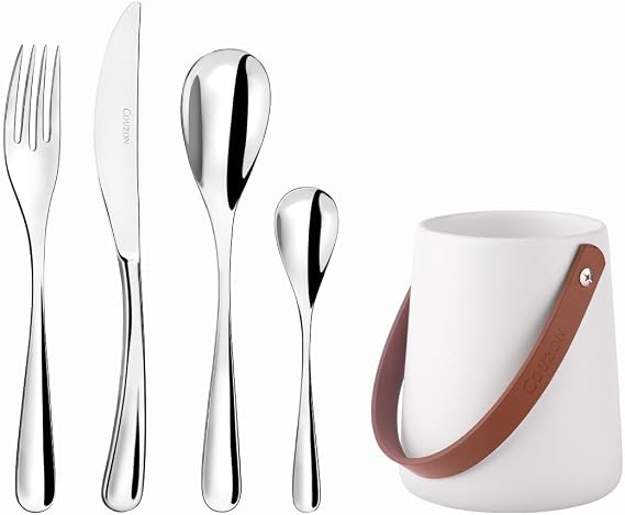 COUZON - Cutlery Set for 24 Places for 6 People and Storage Stand - Eole - 18/10 Stainless Steel, Mirror Finish, Thickness 2.5 mm - Stainless Steel