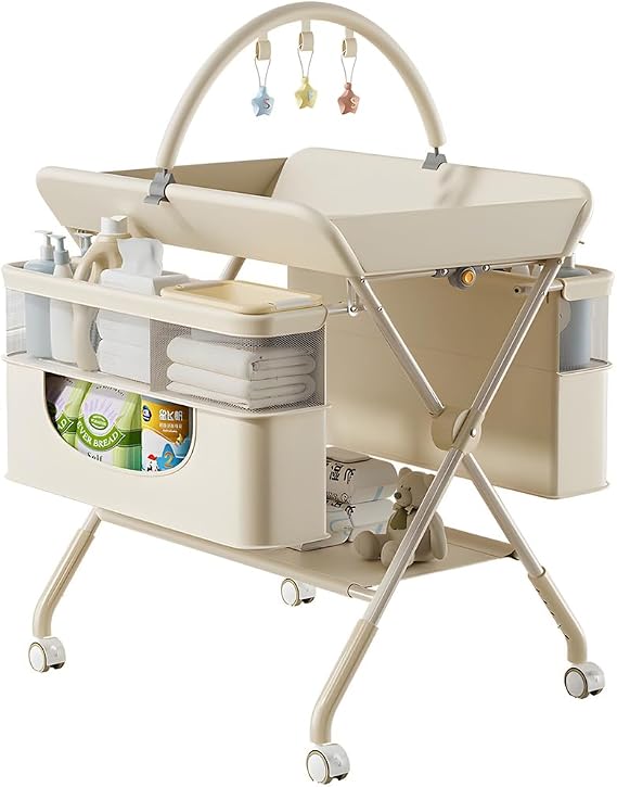Baby Changing Table,Foldable Baby Changing Unit with Wheels,4 in 1 Nursery Station,Storage Basket & Rail,Space-Saving,for Changing Clothes and Diapers,Beige
