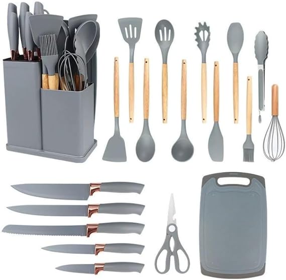 Kitchen Utensil Set, Cookware Tool Set, Silicone Utensils, 19 Piece Set, Non-Stick Cooking Spatula, with Storage, Combination Set, Silicone Material, Food Grade Cutting Board, Kitchen Tool Rack Grey