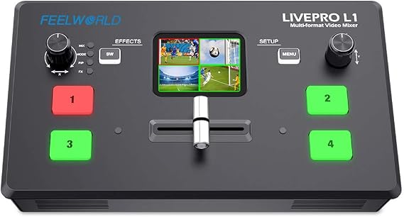 Feelworld LIVEPRO L1 V1 HD 4 Channel Live Production Video Switcher 4 x HDMI Input USB 3.0 interface and HDMI output can independently set PGM and PVW 2 inch LCD display real-time streaming