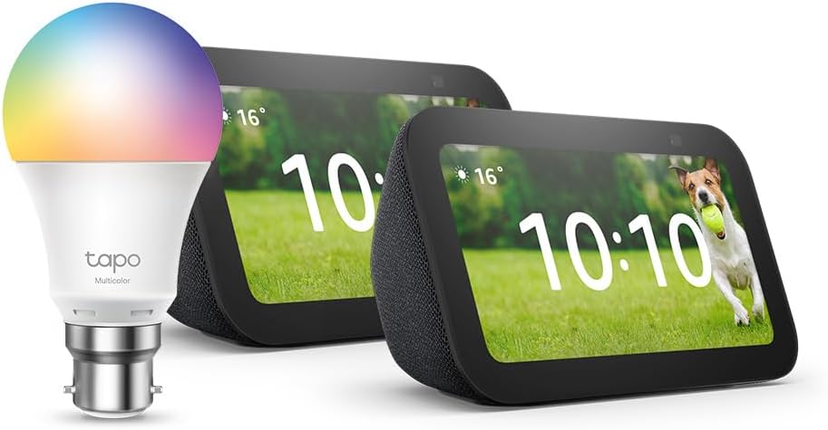 Echo Show 5 (3rd generation) | Charcoal, 2-pack + Tapo L530BA Smart Light Bulb (B22), Works with Alexa - Smart Home Starter Kit, with Alexa+ Early Access