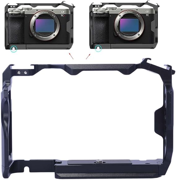 Camera Cage Compatible with Sony A7CII A7CR, Camera Support Holder Bracket with Arca-Swiss Fit Quick Release Plate, Aluminum Alloy DSLR Rig Stabilizer with Dual Cold Shoe, 1/4" & 3/8” & ARRI Holes