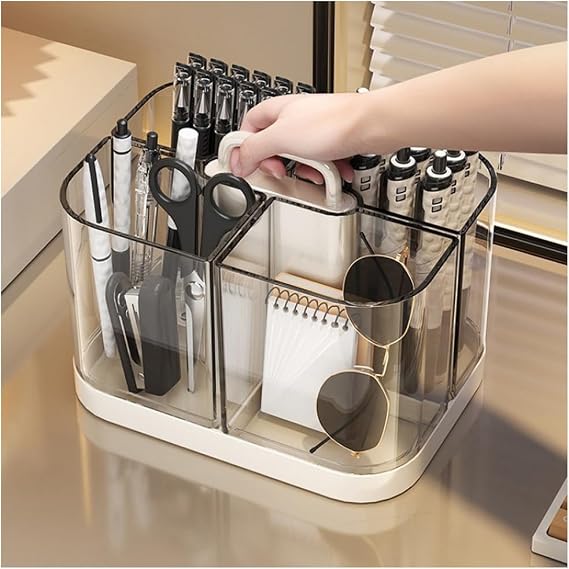 Stackable Caddy Organizer with Handle, Transparent Desk Caddy with 4 Compartments, Desk Organizer for Office, Stationery, Pen Pencil Holder, Kitchen, Utensil, Makeup (White)