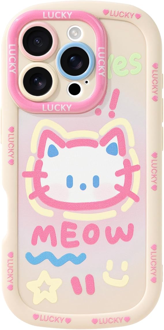 iPhone 16 Pro用かわいい電話ケース 大きな頭 キティ猫 動物 漫画 ソフトタッチ TPU 耐衝撃バンパーケースカバー ガールズ レディース