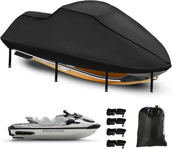 Jet Ski Cover 3 Seater,Upgraded 420D Heavy Duty Nano Coating Jetski Covers Waterproof,2 Air Vent Marine Grade UV Resistant (Black, 126" to 135")