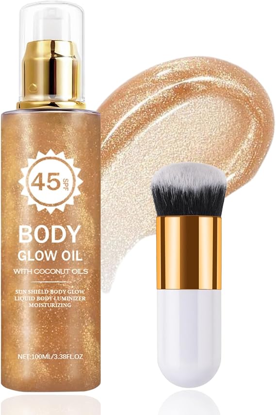 Bronze Body Shimmer Oil, Shimmer Body Oil with Brush, Liquid Bo-dy Highlighter, Bodys Glow Luminiser for Face & Bodys, Spf 45 Coconut Oils Lightweight Non-sticky Bronzing Moisturizing Oil 2PCS