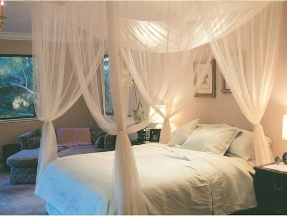 White 4 Corner Post Bed Canopy Mosquito Net Full Queen King Size Netting Bedding