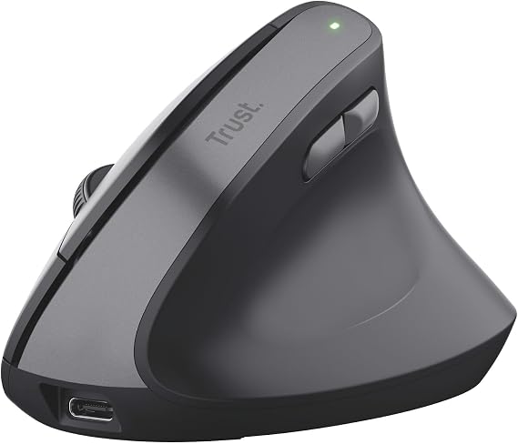 Trust Yuno Ratón Vertical Inalámbrico, Ratón Ergonómico Recargable 2.4GHz, Reducir la Tensión en Brazos y Muñecas, 800-2400 DPI, 70% Plástico Reciclado, PC Portátil Mac - Negro
