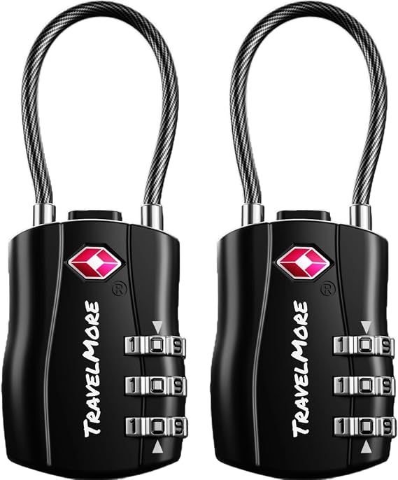 TSA Combination Padlock with Cable for Suitcases, Backpacks and More | Black (2pcs)