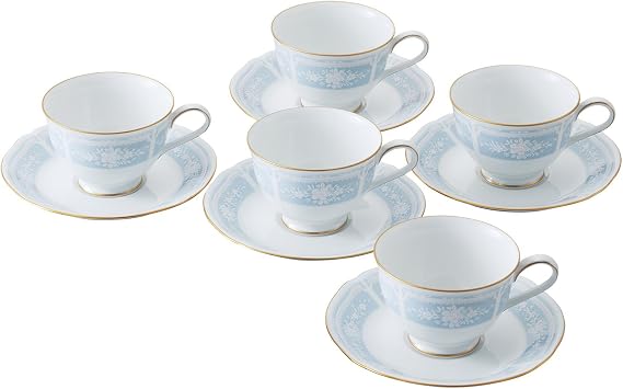 Noritake H9587A/1507 Noritake Cup & Saucer Set For Coffee & Tea 220cc Racewood Gold 5 Count Blue Fine Porcelain