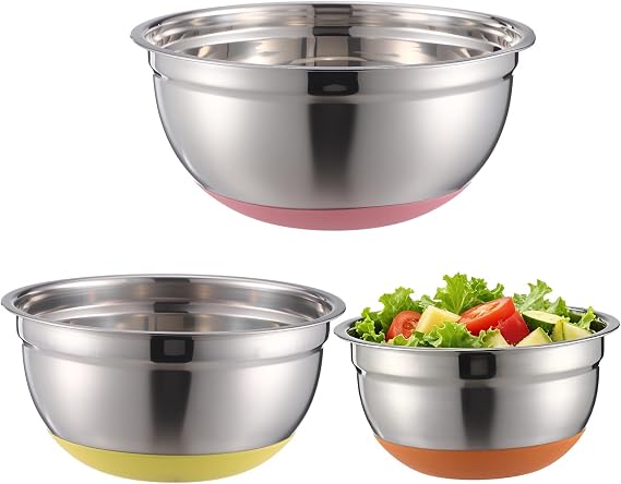 Mixing Bowls Set of 3, Stainless Steel Mixing Bowl with Silicone Bottom for Baking Cooking, Metal Serving Bowl 1.5L/ 3L/ 5L Dishwasher Safe