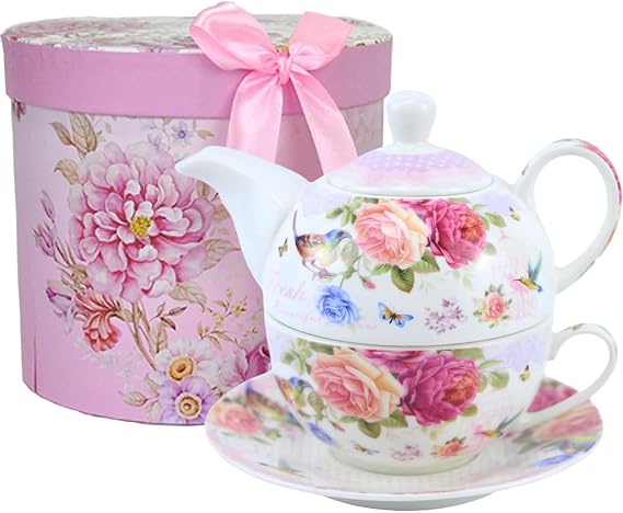 ONEUSTAR Floral Tea for One Set in Gift Box, Ceramic Teapot Cup with Saucer