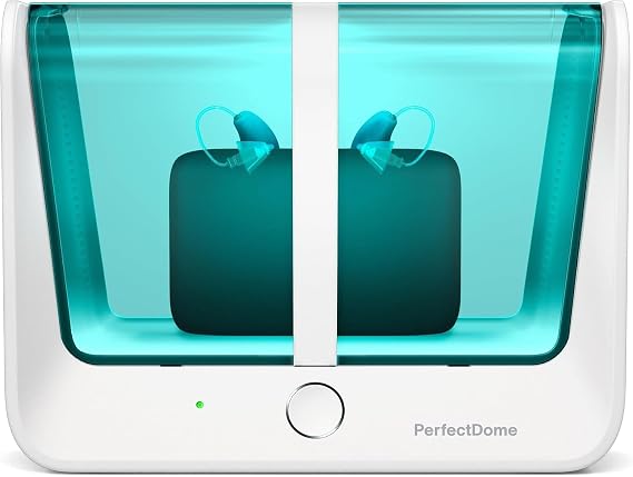 PerfectDome UV-C Dehumidification and Treatment Accessory for Hearing Aids alone or with their chargers - Removes Sweat and Moisture from Hearing Aids