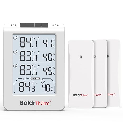 BaldrTherm Solar Photosensitive Three Channel Thermo-Hygrometer, Wireless Temperature & Humidity Monitor with 330ft Range, 4.8" Digital Display, Smart Backlight, Real-Time Alerts, White