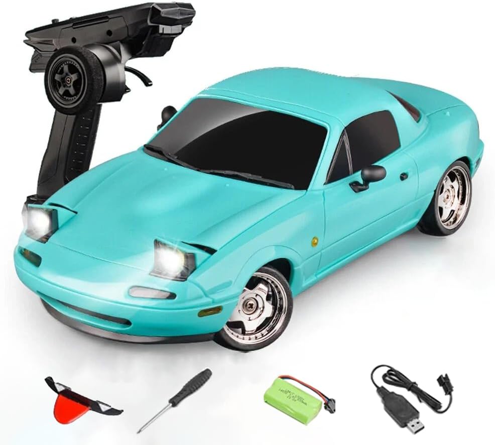 LDRC 1804 RC Drift Car - 118 RTR Mini MX-5 RWD 2.4GHz Full Proportional Control Racing Sport Car with Gyro LED Light for Adults HobbyistsBlue1 Battery