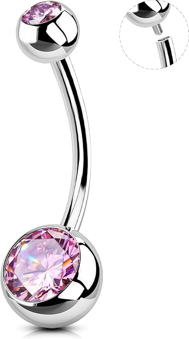 OUFER Body Piercing Internally Belly Bars 316L Stainless Steel Belly Button Bars 10/12/14/16mm Navel Bar 14G Belly Button Ring Pink CZ Navel Piercings Jewellery Belly Piercings
