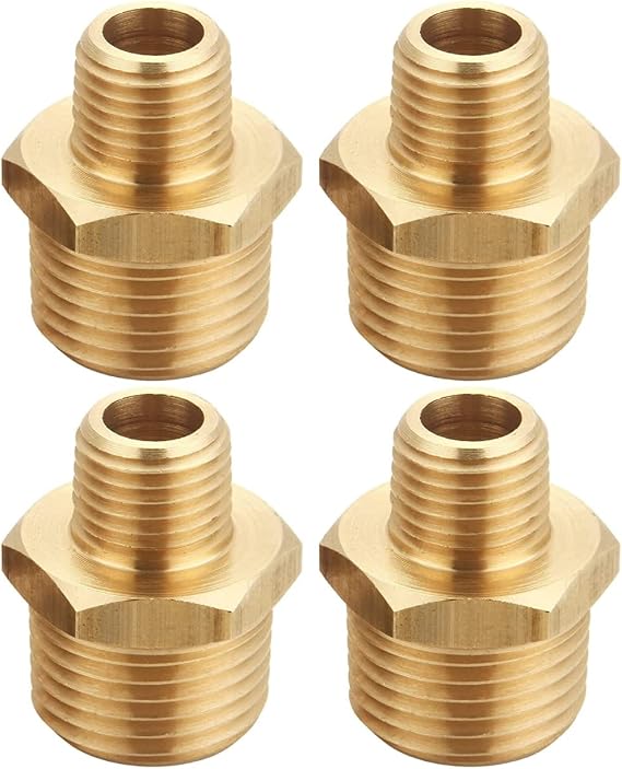 Brass Reducing Hex Nipple 1/2" Male to 3/8" Male NPT Adapter, Pack of 4