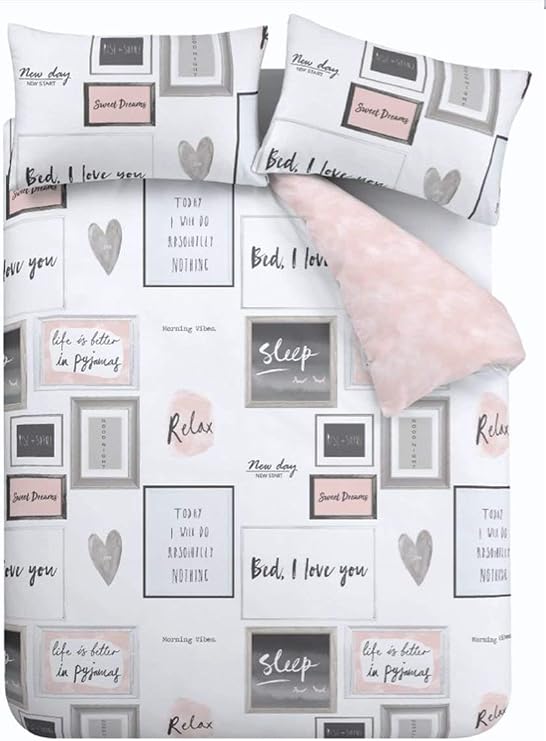 Catherine Lansfield Sleep Dreams Reversible King Duvet Cover Set with Pillowcase Blush Pink