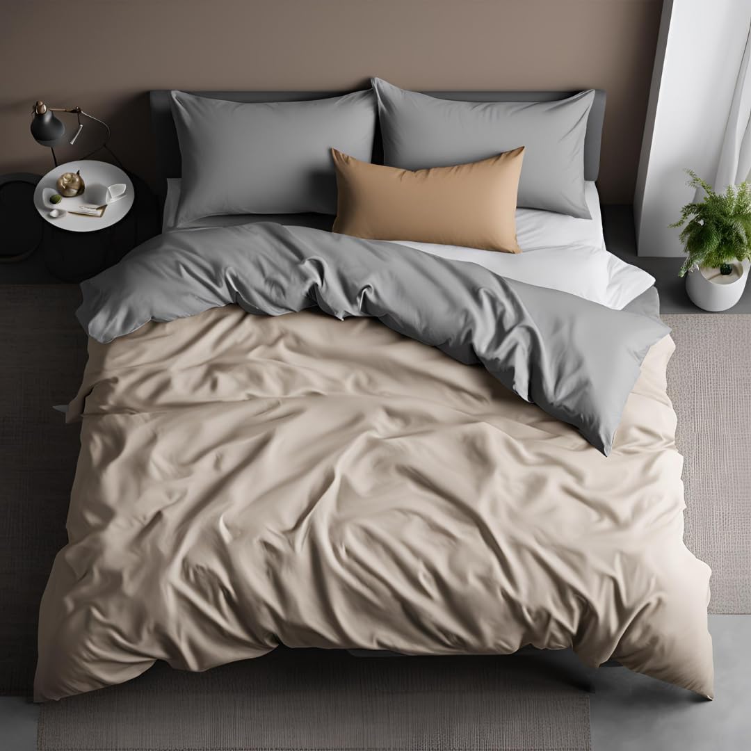 Formeya Rubber Sheet Duvet Cover Set Double 2 Pillow Cases Beige-Grey