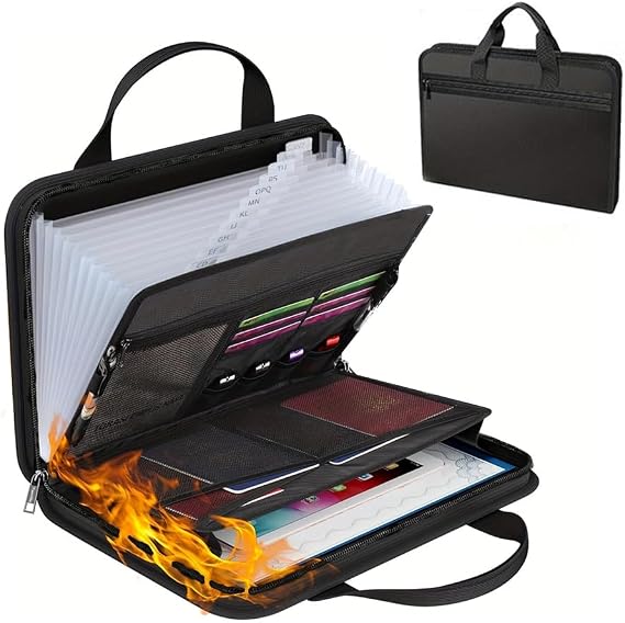 Fireproof Document Organiser, 13 Pockets Expanding File Folder with Labels & Zippe, Portable Waterproof File Organiser with Multi-Pockets Folder for A4 Documents Receipt and More(Black with Handle)