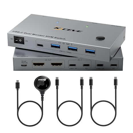 KVM Switch 2 Monitors 2 Computers USB C, USB 3.0 KVM Switch Dual Monitor HDMI for 2 Laptop, 4K@60Hz, MST, 80W PD, with 2 USB-C Cables and Wired Remote