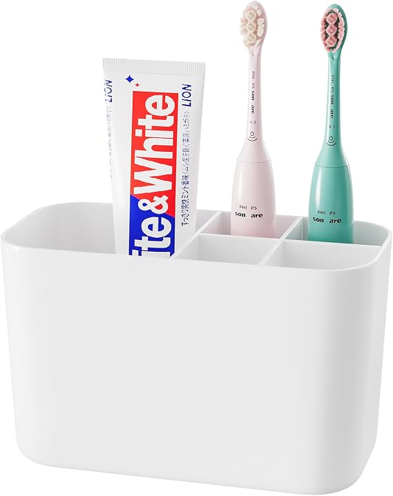 5 Slots Wall Mounted Toothbrush Holder, Drill-Free Self-draining Wall Shower Holder for Toothbrush, Toothpaste, Razor, Removable For Bathroom Organizers and Storage (White)