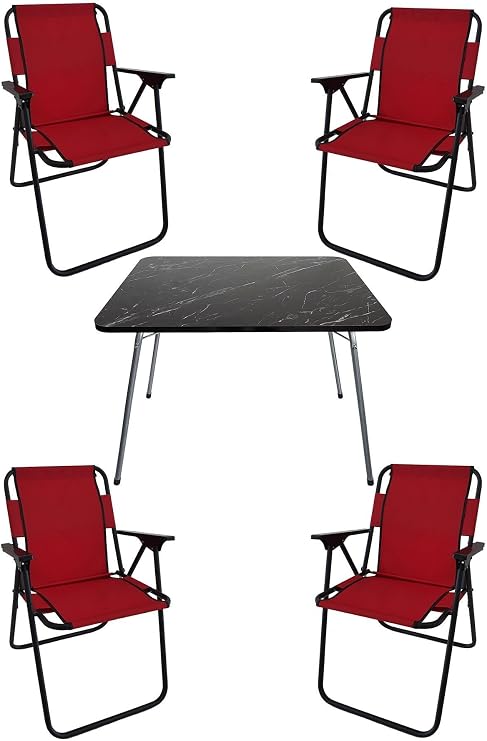 Bofigo 60X80 Granit Desenli Katlanır Masa + 4 Adet Katlanır Sandalye Kamp Seti Bahçe Takımı Kırmızı