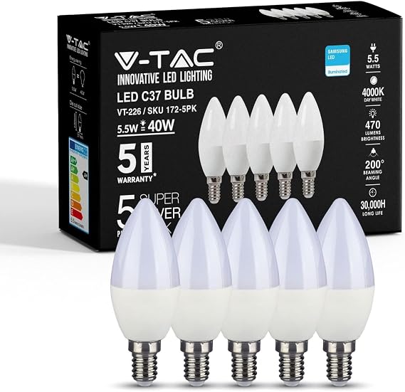 V-TAC E14 LED Candle Bulbs | 5.5W (Equivalent to 40W) Candle Light Bulbs | Edison Small Screw Light Bulb | Samsung Chip Non Dimmable E14 Candle Bulb | 4000K Day White | Pack of 5 [Energy Class F]