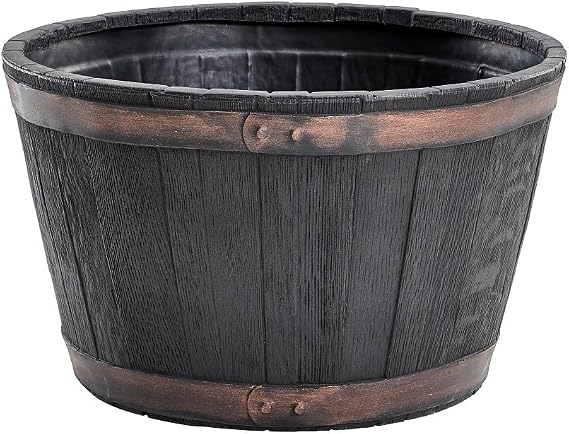 Shop4allsorts Small Round Barrel Planter - Oakwood Effect Plastic Half Barrel Plant Pot - Garden Patio Planter - 37cm x 25cm