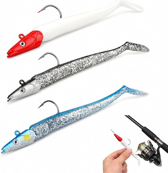 3 Pack Sandeels Weedless Bass Sea Trout Fishing Lures Cod Pollock Saltwater Cod Sand Eel Sandeel Soft Bait Plastic Silicone Lure Realistic Paddle Tail