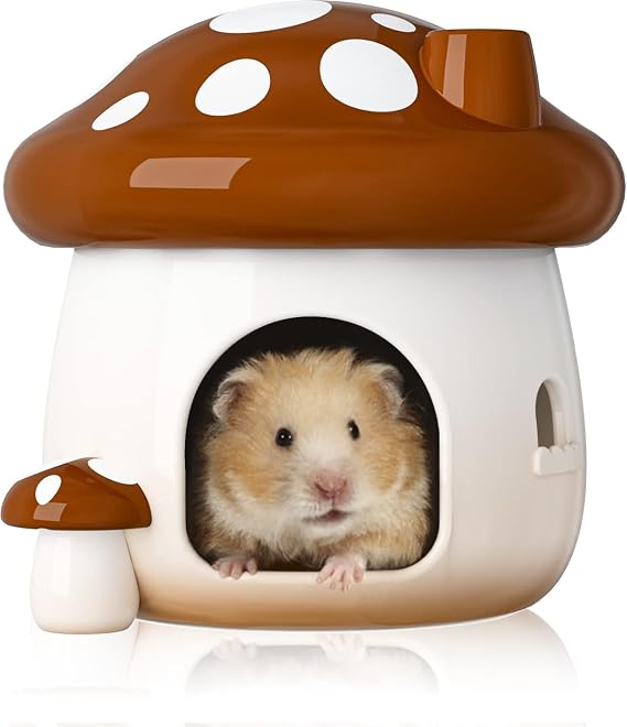 BUCATSTATE Hamster Hideout Seramik, Mantar Şekilli Hamster Evi ve Habitatları Havalı Yatak Tüm Mevsimler için İdeal Cüce Hamster Gerbil Fareleri Altın Ayı (Kahverengi-Büyük)