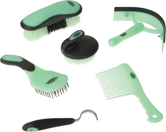 Weaver Horse 6 Piece Horse Grooming Kit, Ergonomic Gentle Horse Care Kit, Equestrian Equipment for Bathing Support, Detangling and More, Mint/Gray