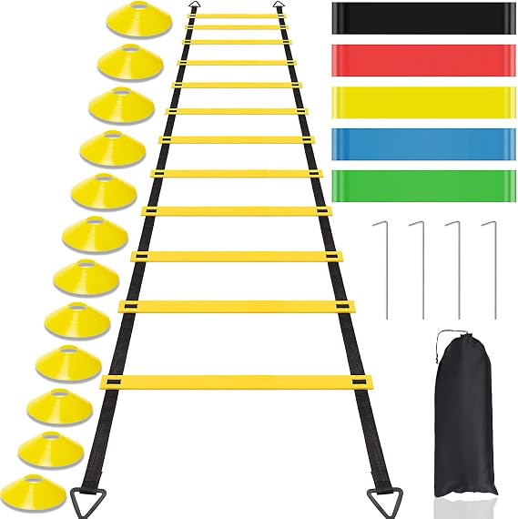 Speed Agility Training Equipment Set, 12 Rung 20Ft Adjustable Agility Ladder, 12 Disc Cones, 4 Steel Stakes, 4 Resistance Band for Speed Training, Football, Soccer, Footwork