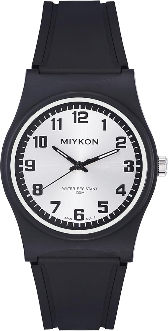 Miykon Easy Reader ブラック樹脂腕時計 男性用 アラビア数字またはインデックスダイヤル、夜光針、日本製クォーツ 100m防水 38mm, シルバーの文字盤、ブラックアラビア数字。, 38mm, ミリタリー
