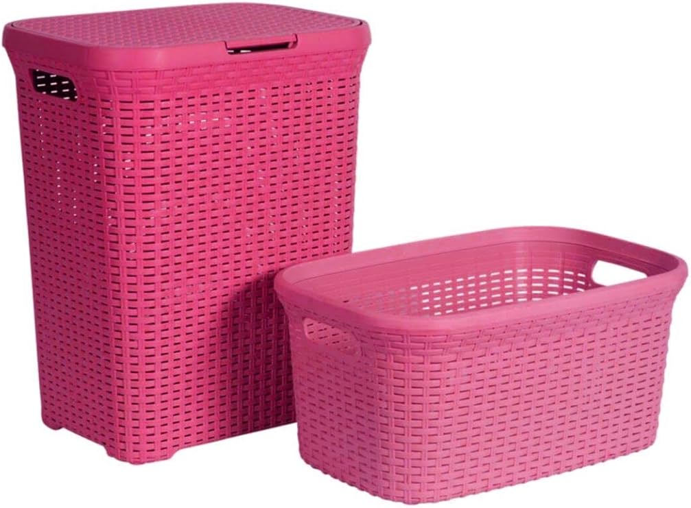 2'li Set Hasır Desenli Plastik Pembe Çamaşır Sepeti & Pembe Çamaşır Selesi