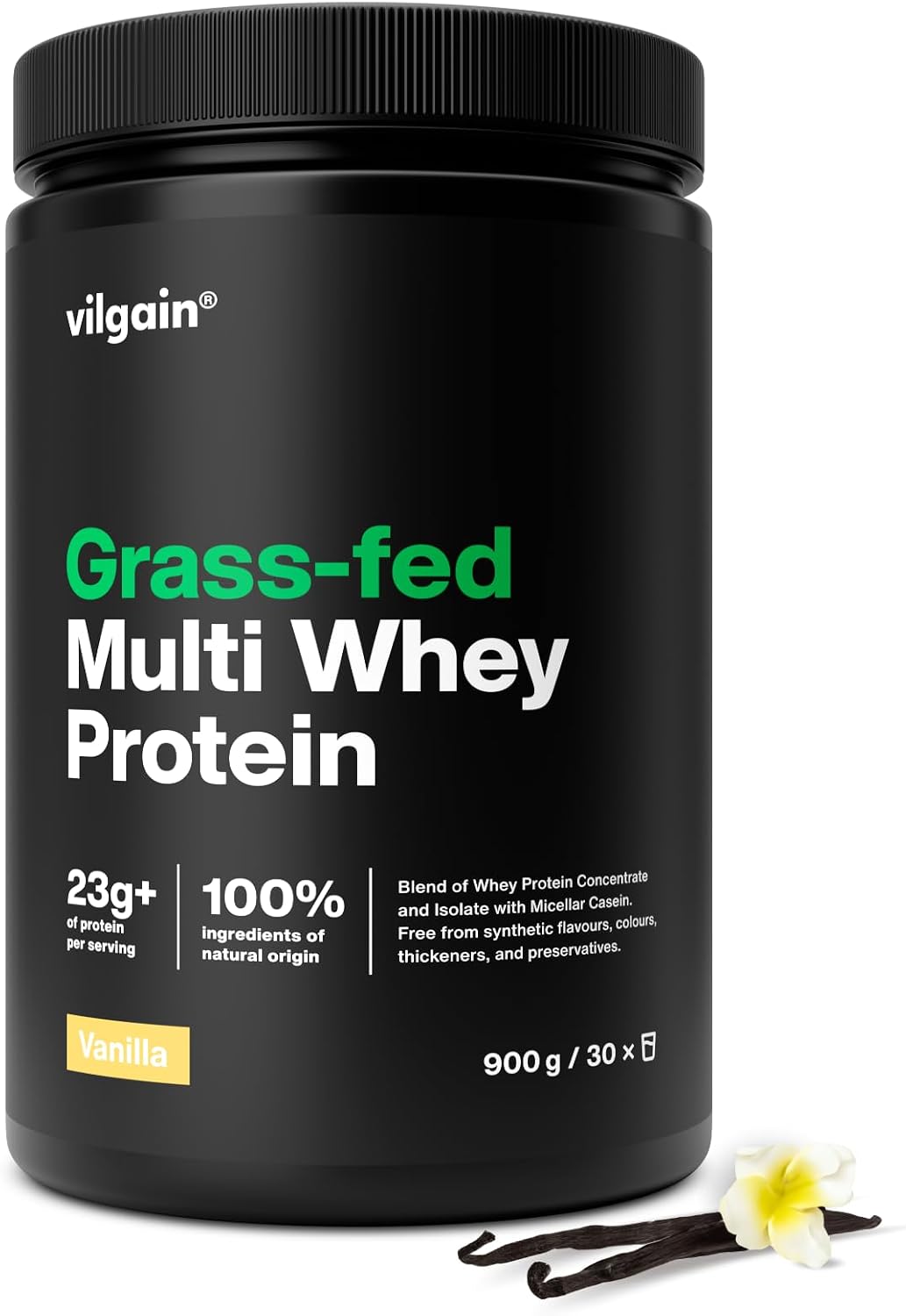 Vilgain Grass-Fed Multi Whey Protein-77% whey Concentrate, Isolate and Casein, Works Immediately After Training and in case of prolonged Protein Deficiency 900g, Vanilla